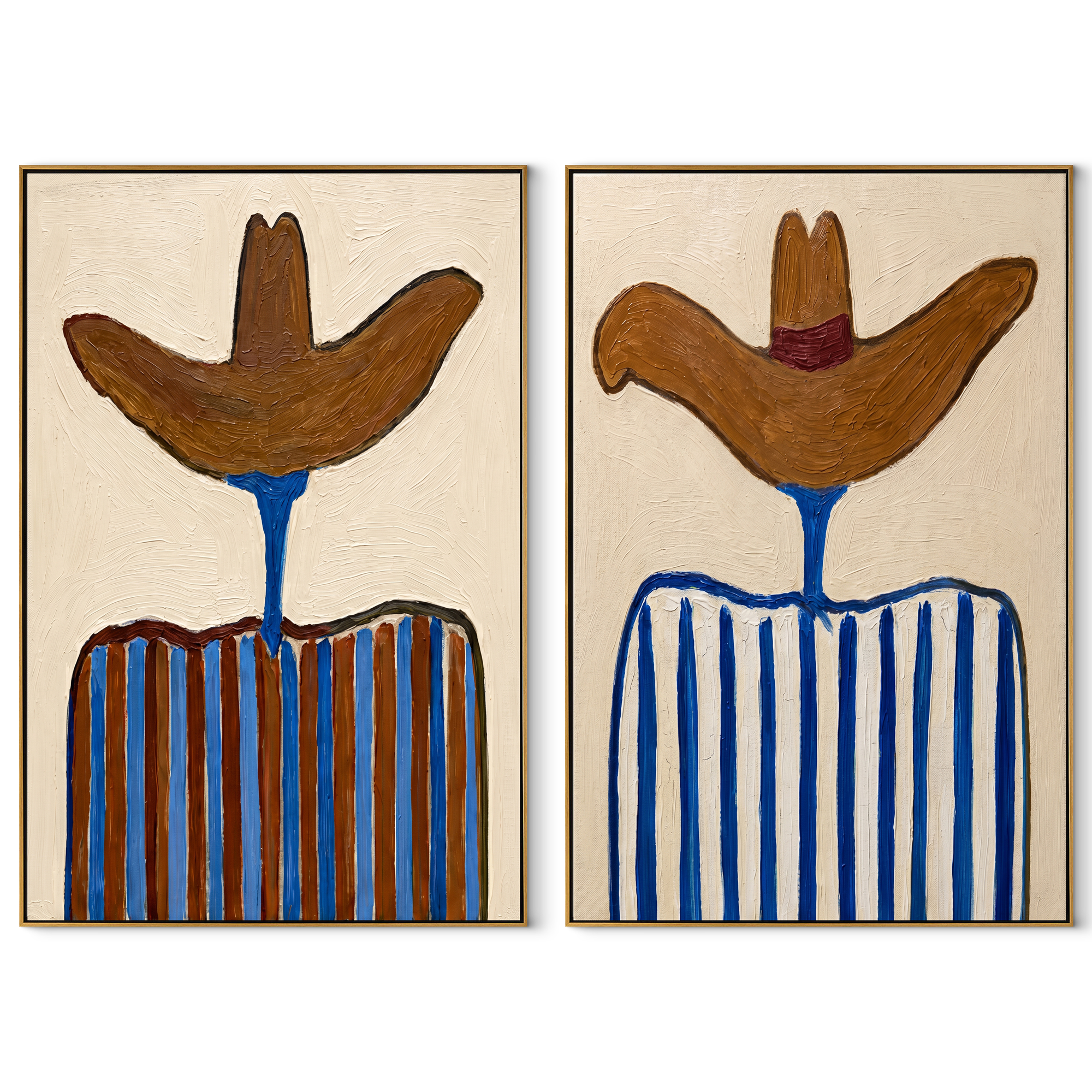 Blue Stripes Shade Sombreros set of two vertical canvas artworks on white