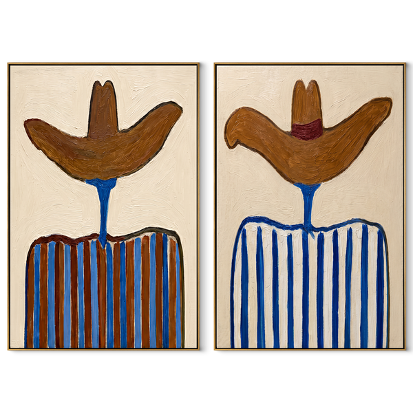 Blue Stripes Shade Sombreros – blue Western Portrait Diptych Painting | Modern Vintage Americana Set of 2 Wall Art
