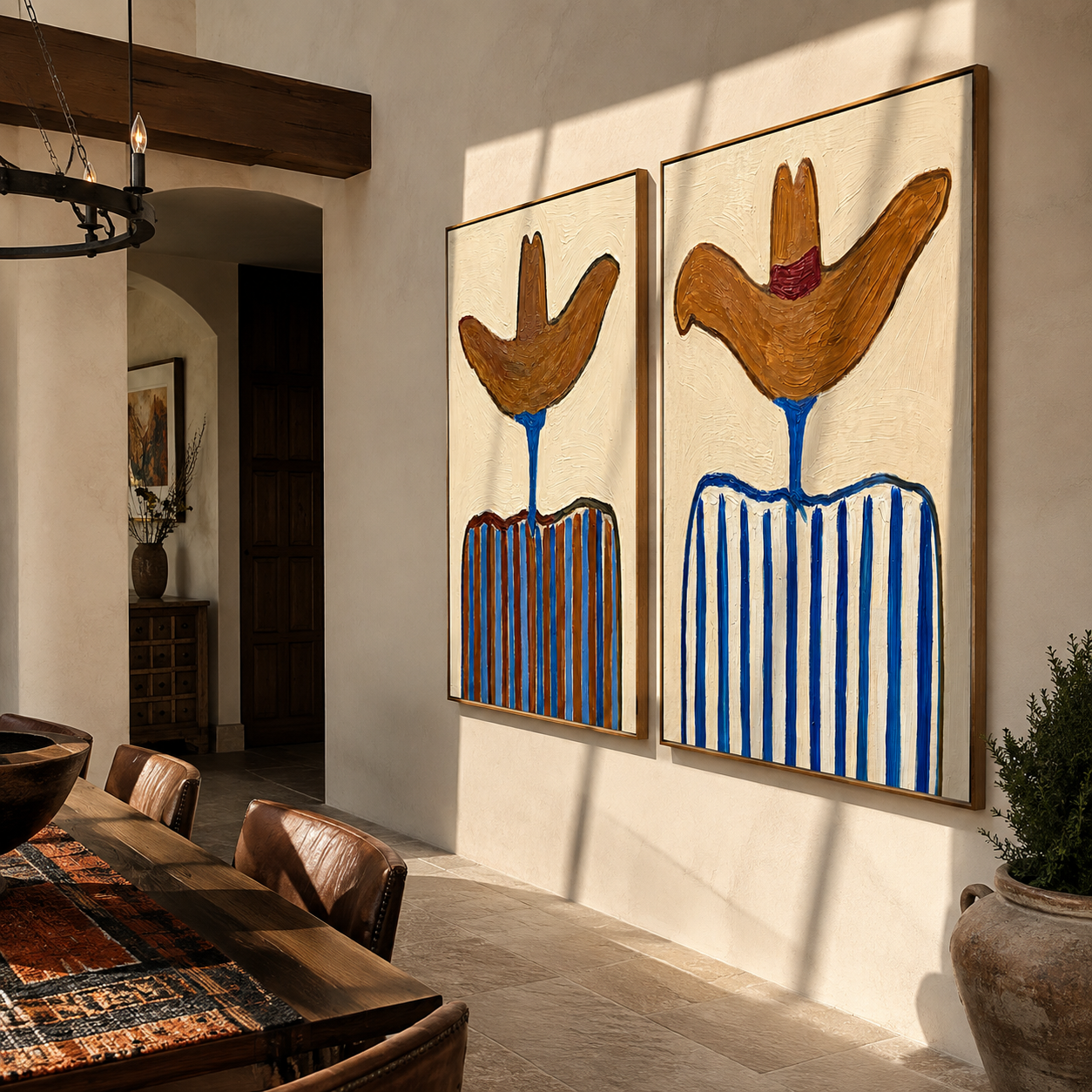 Blue Stripes Shade Sombreros paired wall art styled above modern furniture