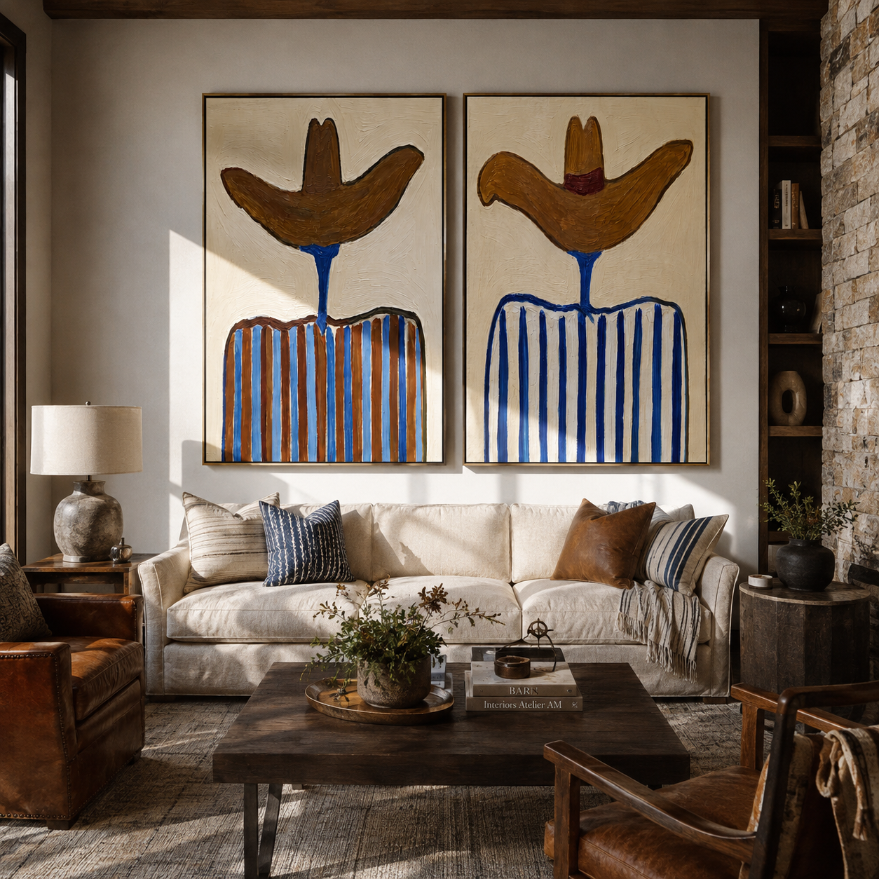 Blue Stripes Shade Sombreros Vintage Americana diptych in a collected room