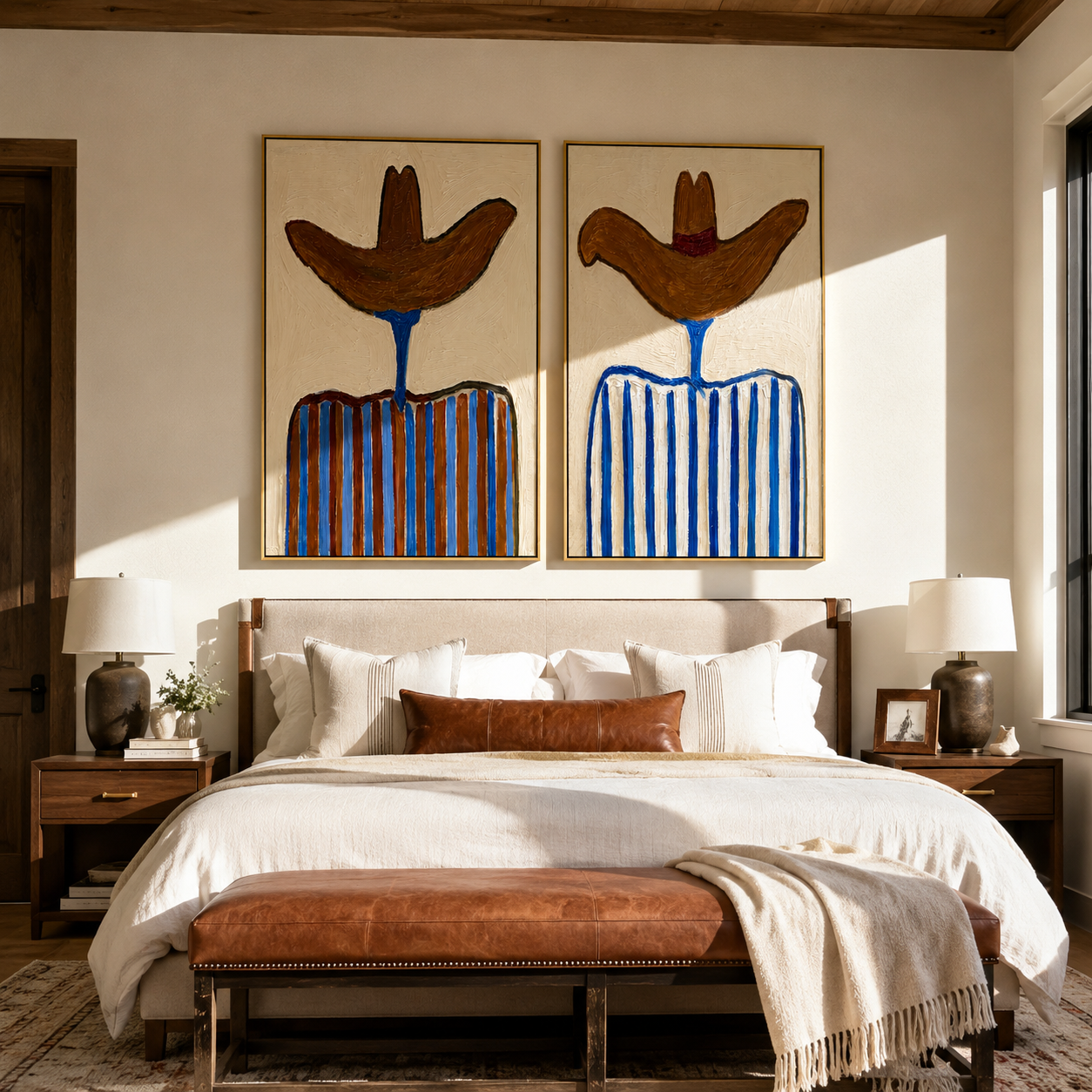Blue Stripes Shade Sombreros diptych presented with natural materials and decor