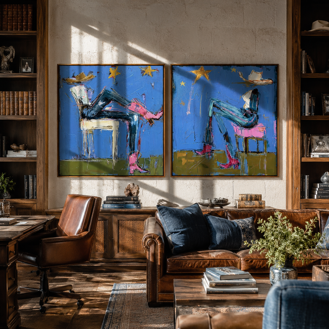 Night Riders Under Stars Western diptych displayed in a contemporary interior