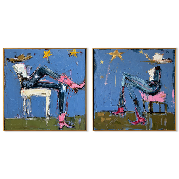 Night Riders Under Stars – vivid blue Western Portrait Diptych Painting | Modern Vintage Americana Set of 2 Wall Art
