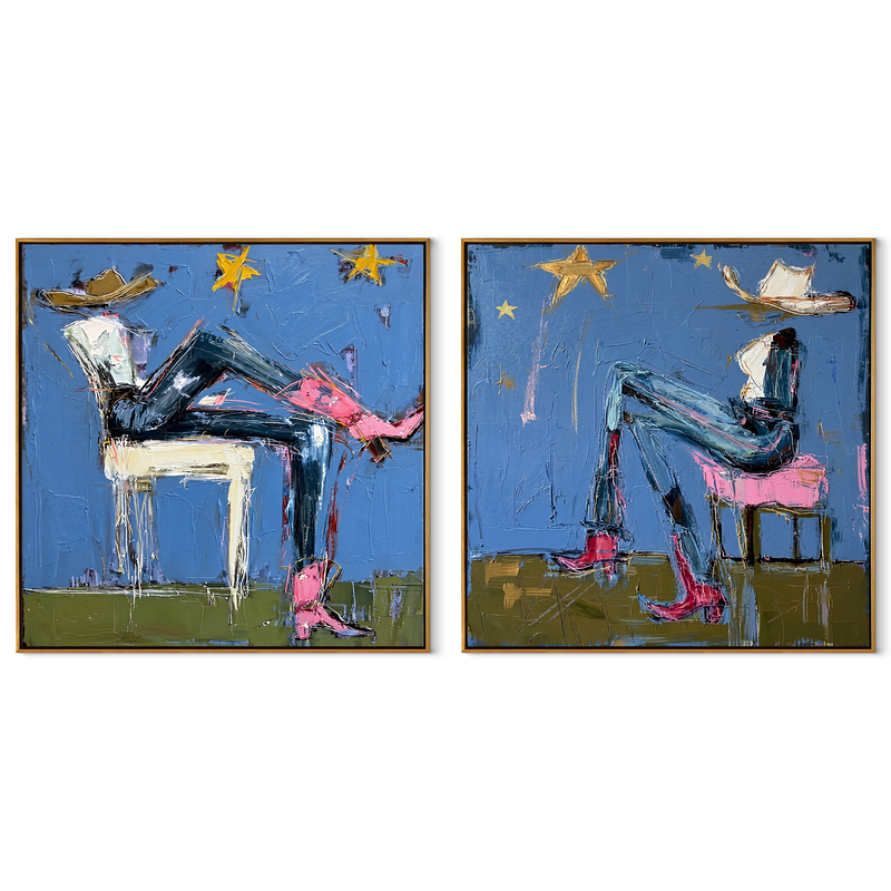 Night Riders Under Stars – vivid blue Western Portrait Diptych Painting | Modern Vintage Americana Set of 2 Wall Art