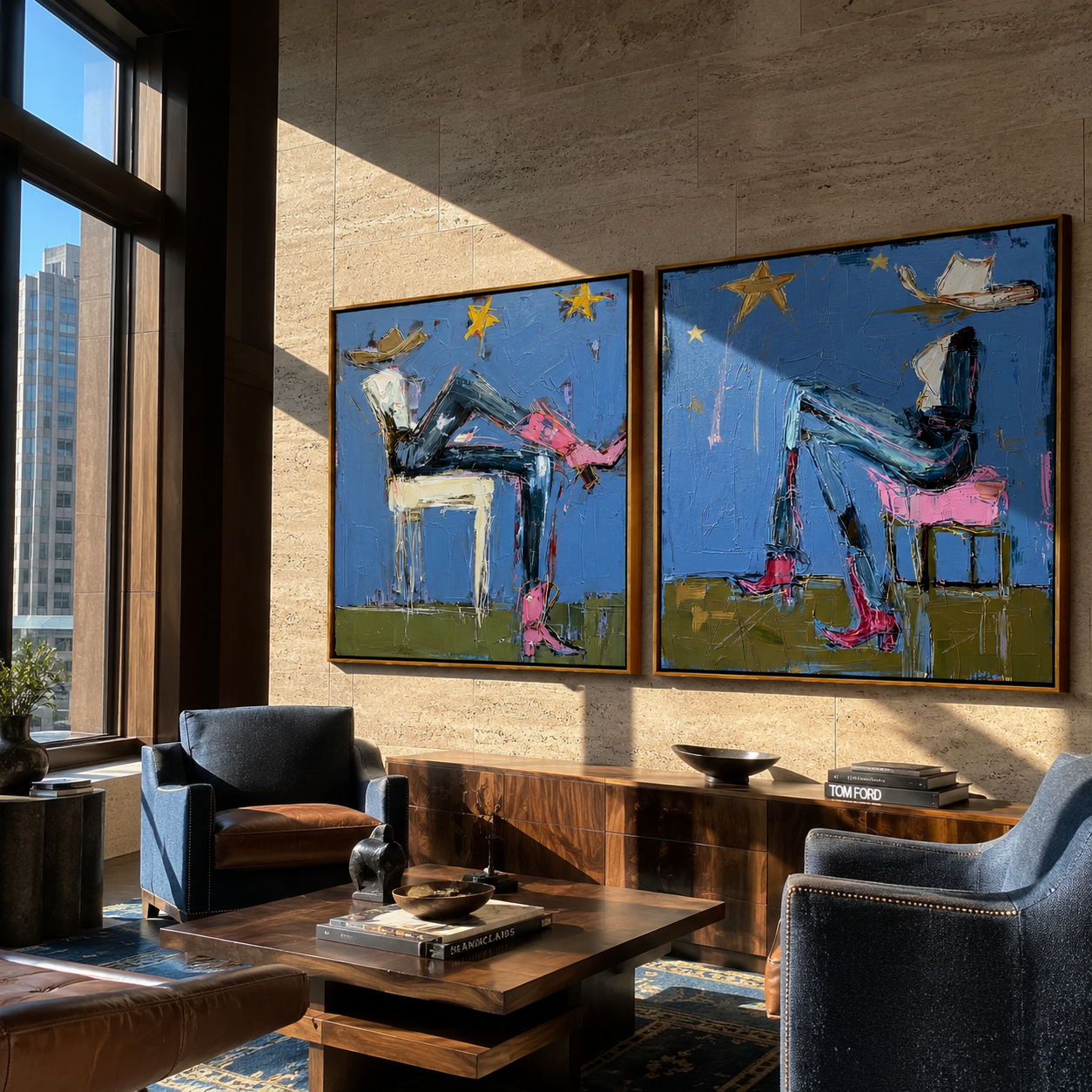 Night Riders Under Stars diptych presented with natural materials and decor