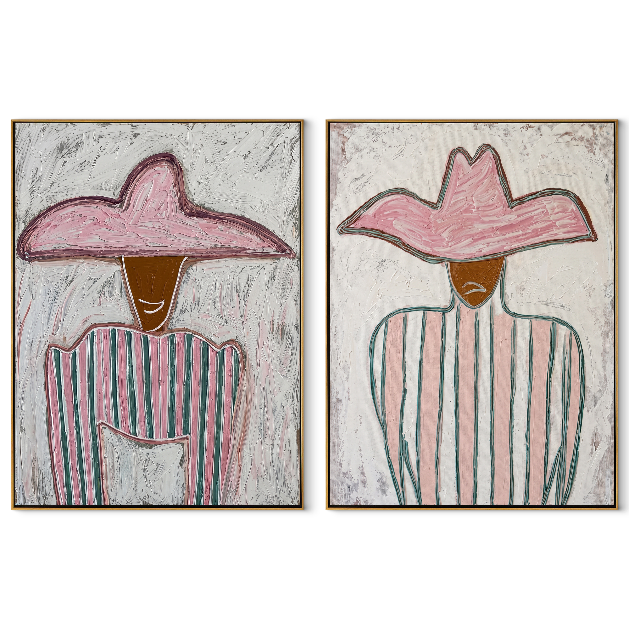 Pastel Stripes Face Daylight set of two vertical canvas artworks on white