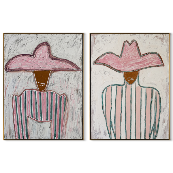 Pastel Stripes Face Daylight – pink Western Portrait Diptych Painting | Modern Vintage Americana Set of 2 Wall Art