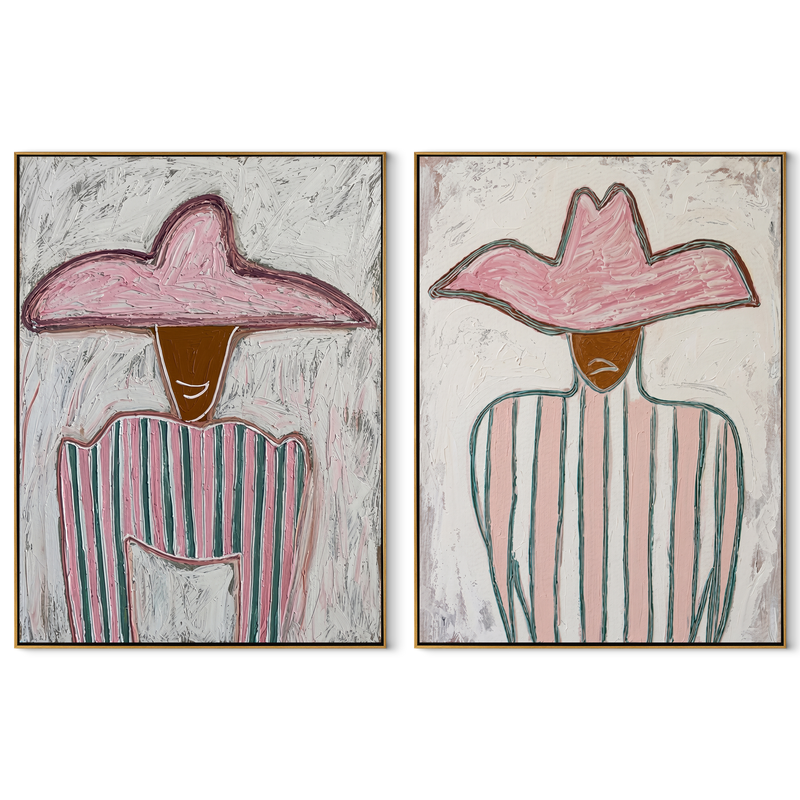 Pastel Stripes Face Daylight – pink Western Portrait Diptych Painting | Modern Vintage Americana Set of 2 Wall Art