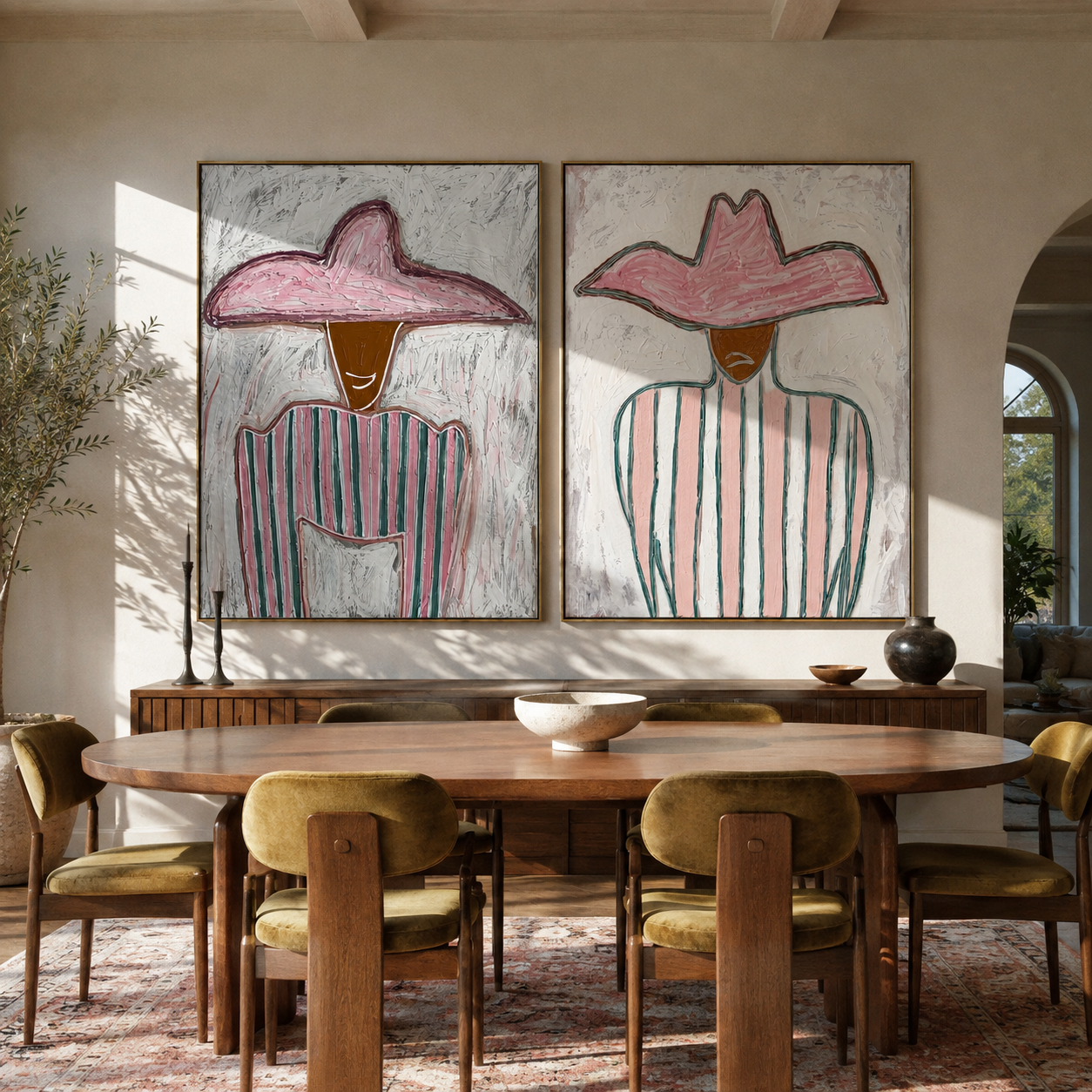 Pastel Stripes Face Daylight Vintage Americana diptych in a collected room