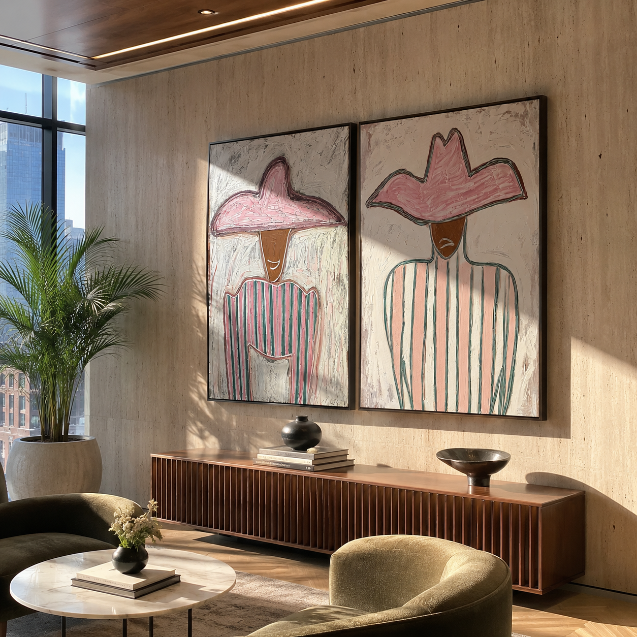 Pastel Stripes Face Daylight two-panel Western artwork with layered color