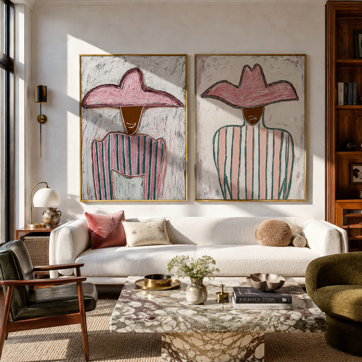 Pastel Stripes Face Daylight diptych presented with natural materials and decor