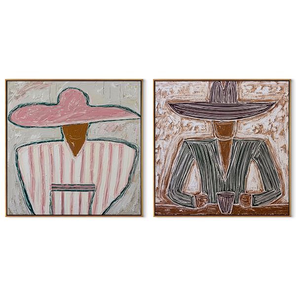 Cafe Portraits Share Warmth – brown Western Portrait Diptych Painting | Modern Vintage Americana Set of 2 Wall Art