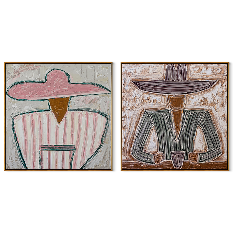 Cafe Portraits Share Warmth – brown Western Portrait Diptych Painting | Modern Vintage Americana Set of 2 Wall Art