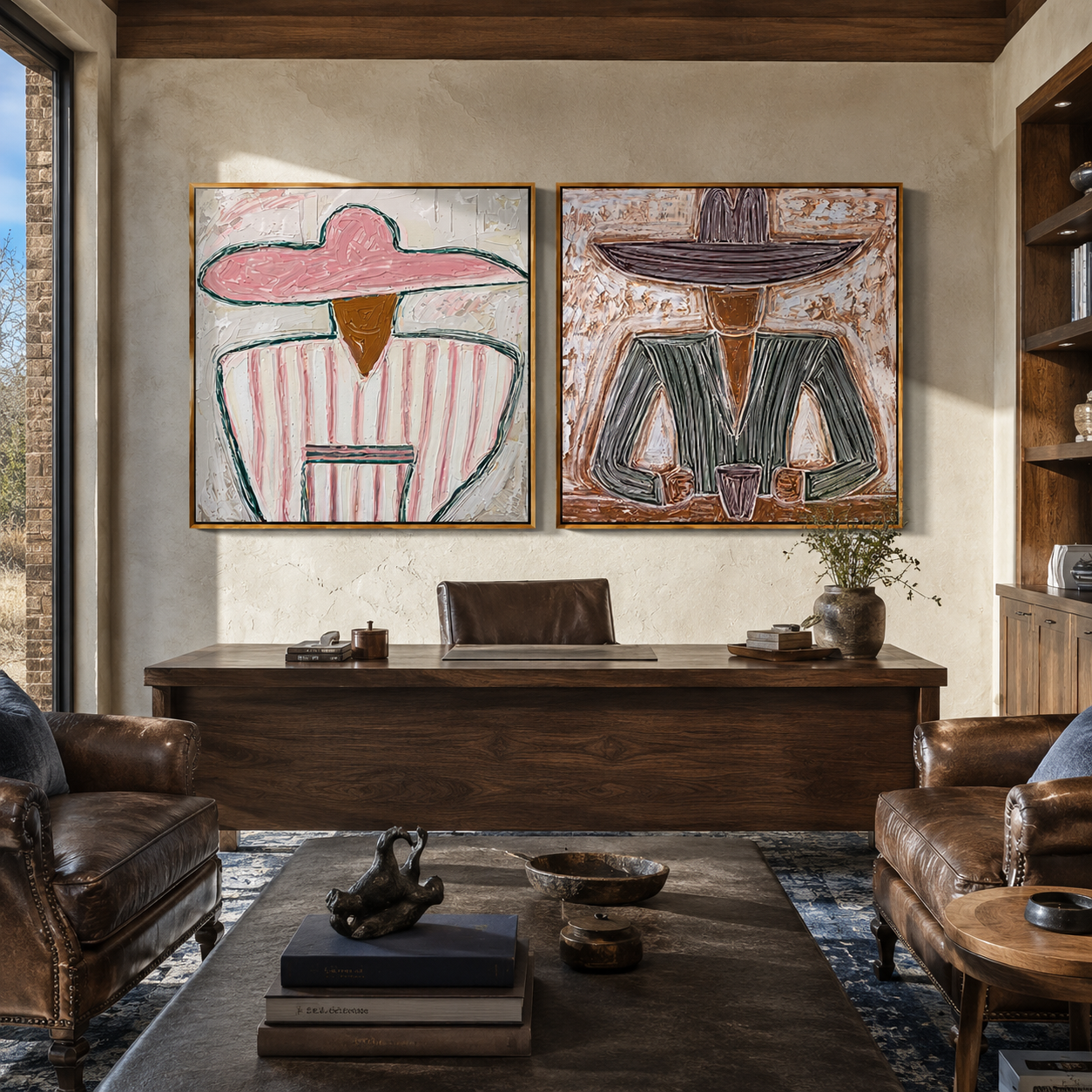 Cafe Portraits Share Warmth Vintage Americana diptych in a collected room