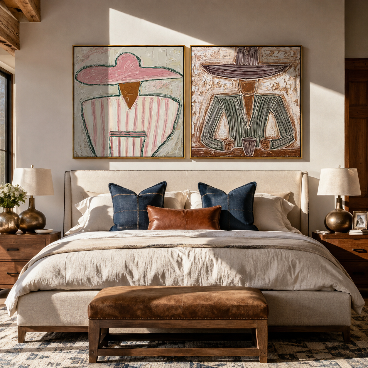 Cafe Portraits Share Warmth two-panel Western artwork with layered color