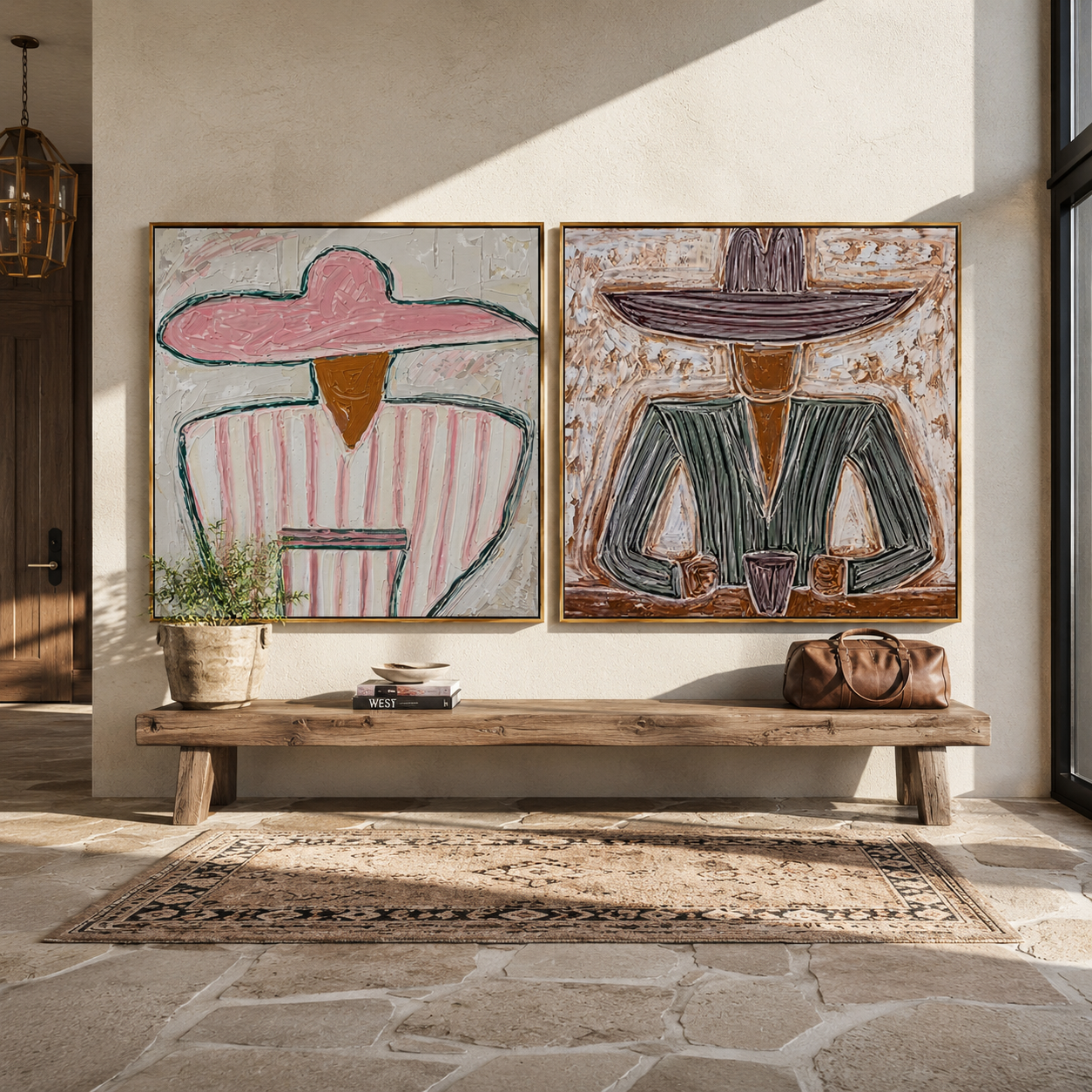Cafe Portraits Share Warmth diptych presented with natural materials and decor