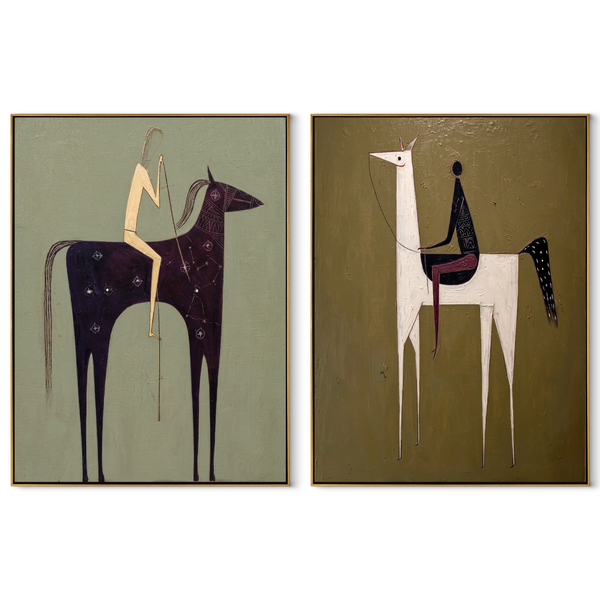 Primitive Riders Stand Tall – black Western Horse Diptych Painting | Modern Vintage Americana Set of 2 Wall Art