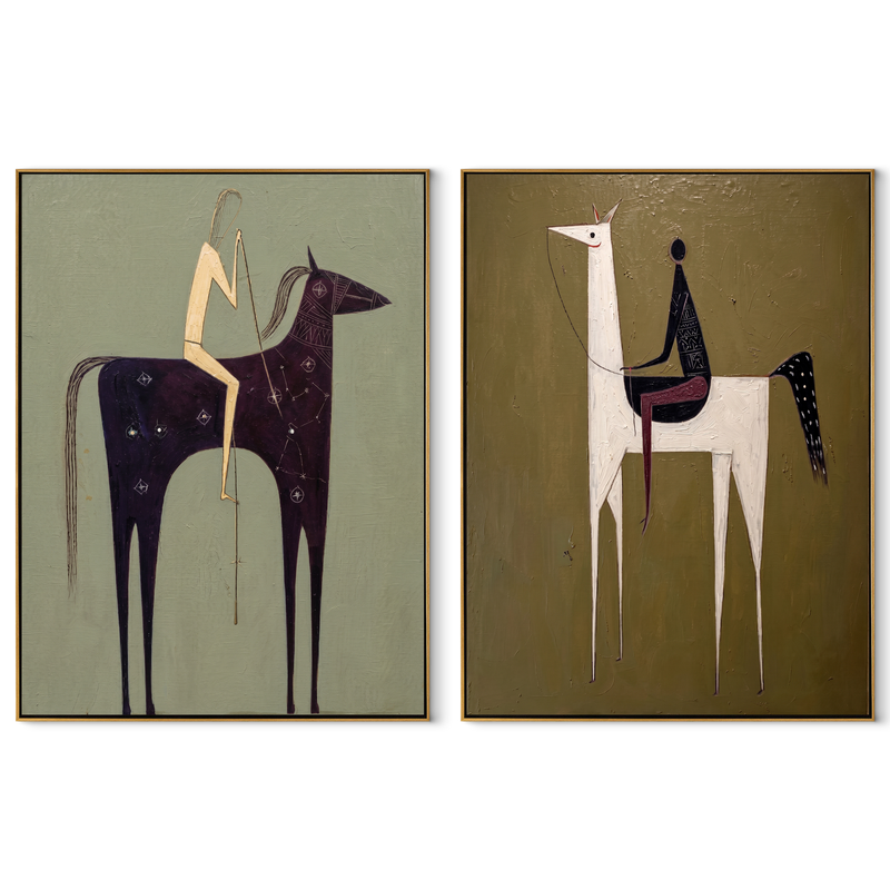 Primitive Riders Stand Tall – black Western Horse Diptych Painting | Modern Vintage Americana Set of 2 Wall Art