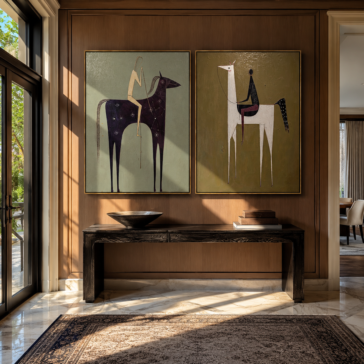 Primitive Riders Stand Tall paired wall art styled above modern furniture