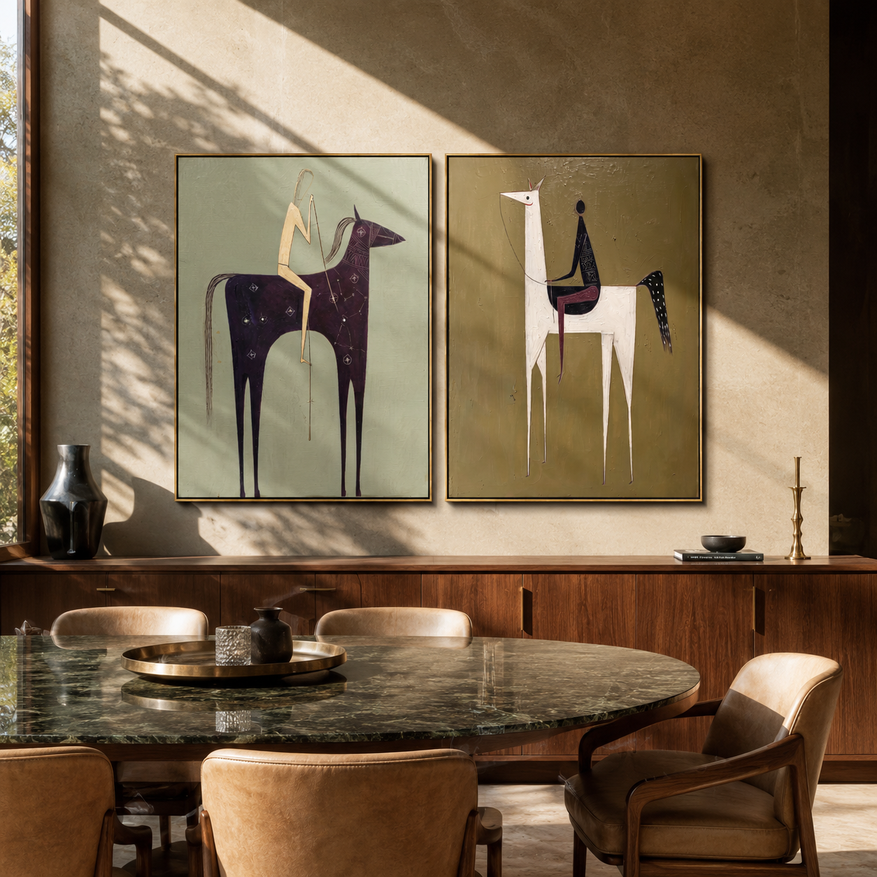 Primitive Riders Stand Tall Vintage Americana diptych in a collected room