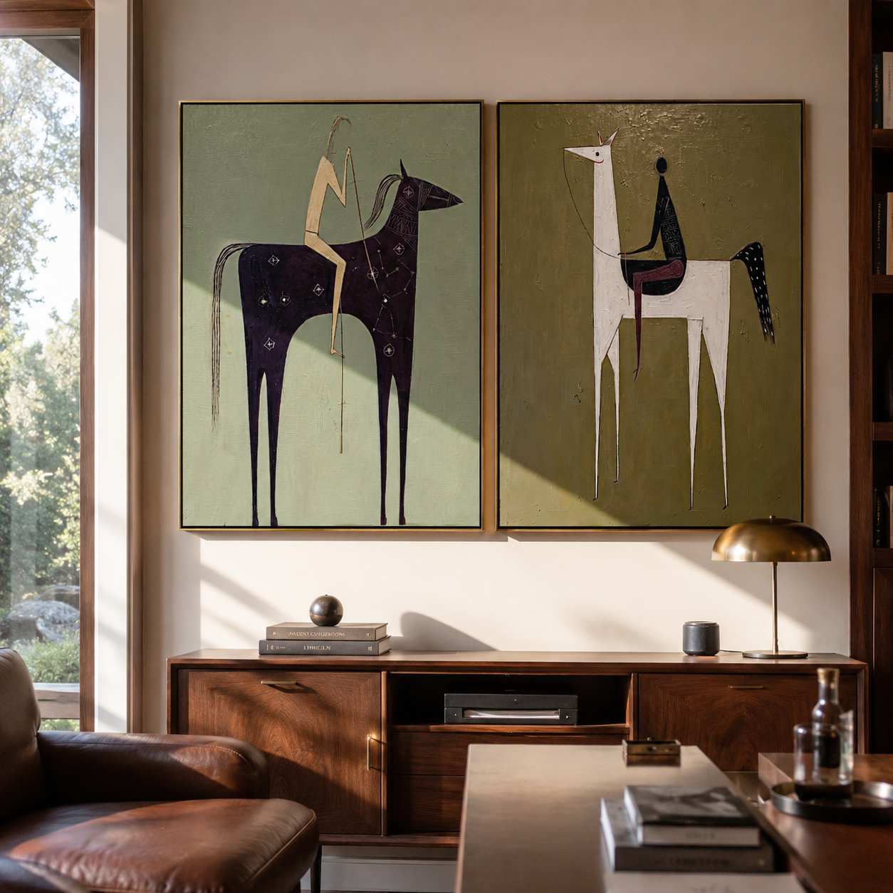 Primitive Riders Stand Tall diptych presented with natural materials and decor