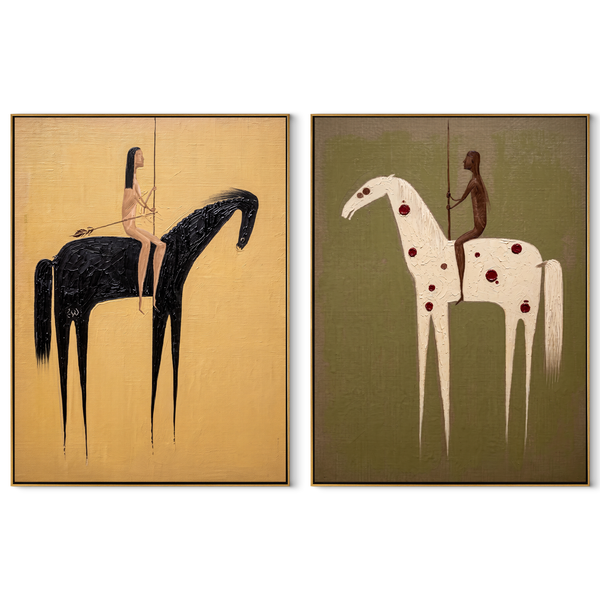 Black And White Ride – black Western Horse Diptych Painting | Modern Vintage Americana Set of 2 Wall Art