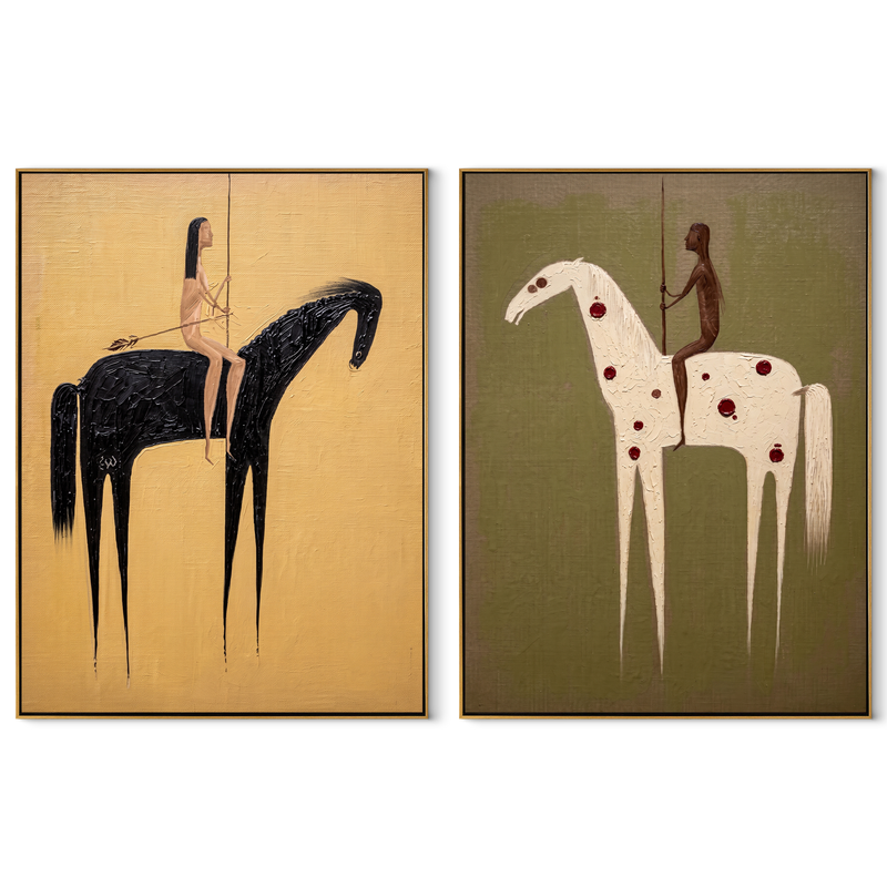Black And White Ride – black Western Horse Diptych Painting | Modern Vintage Americana Set of 2 Wall Art