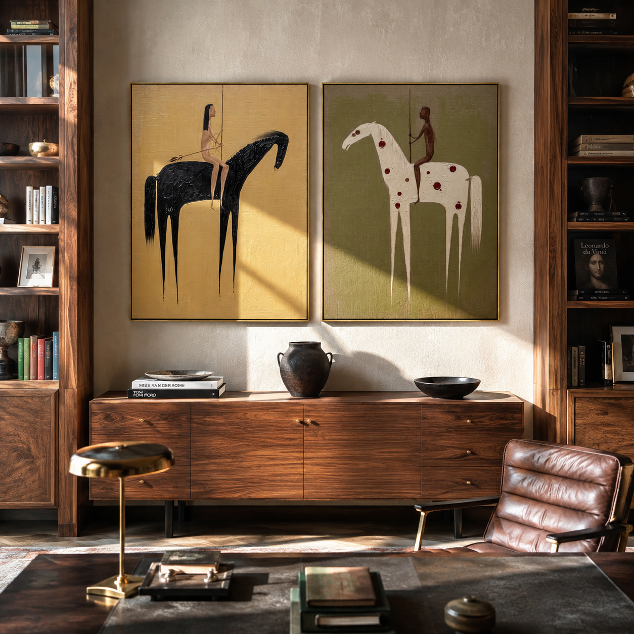 Black And White Ride diptych presented with natural materials and decor