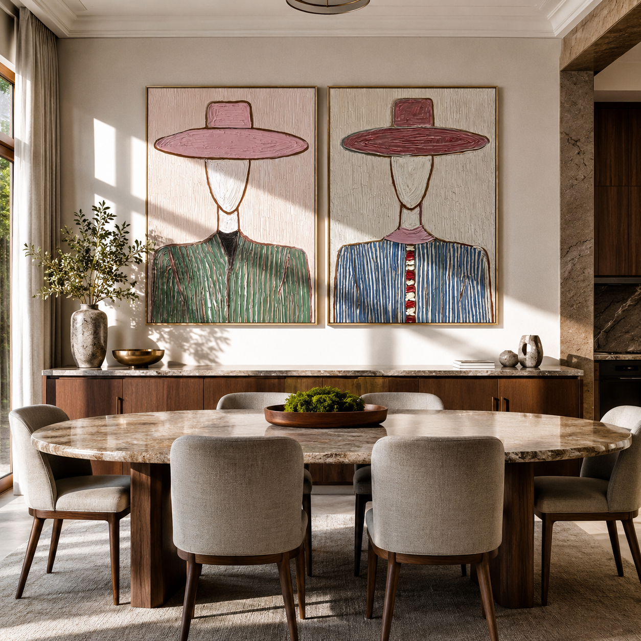 Pinstripe Brims Hide Faces Western diptych displayed in a contemporary interior