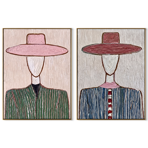 Pinstripe Brims Hide Faces – white Western Portrait Diptych Painting | Modern Vintage Americana Set of 2 Wall Art