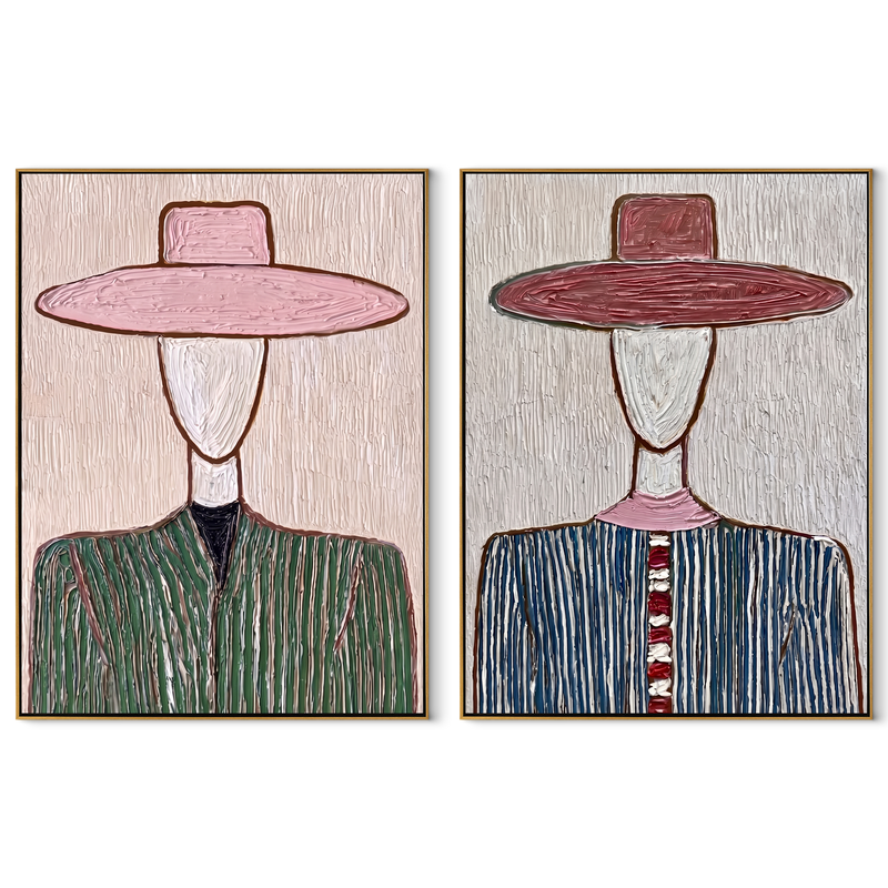 Pinstripe Brims Hide Faces – white Western Portrait Diptych Painting | Modern Vintage Americana Set of 2 Wall Art