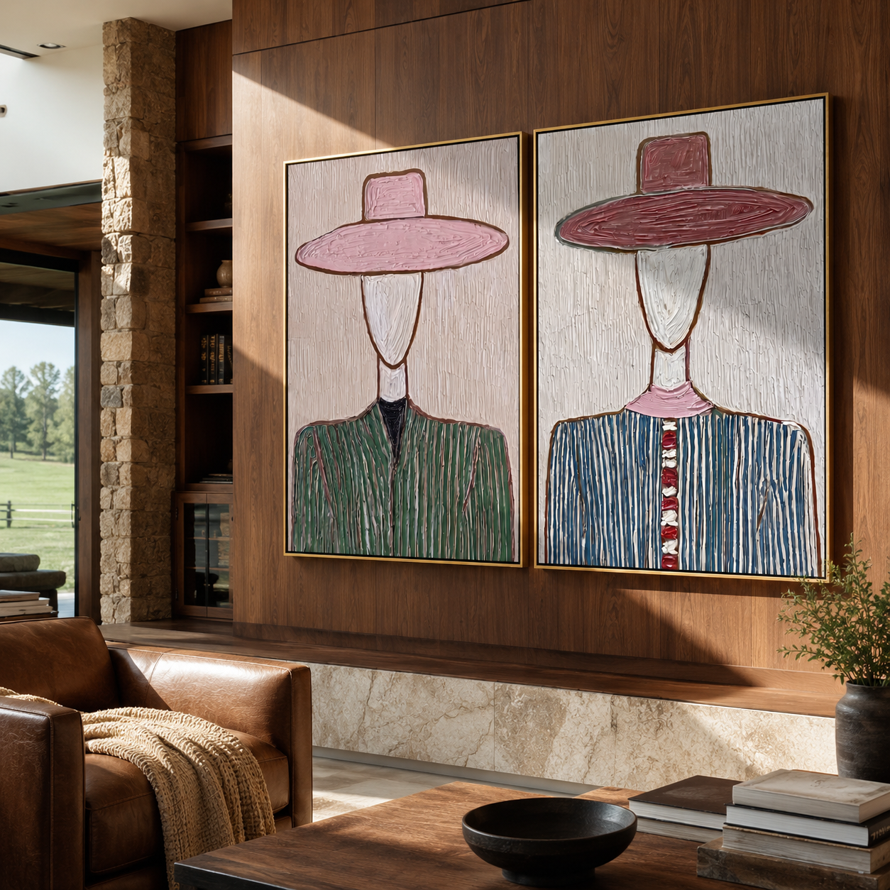 Pinstripe Brims Hide Faces paired wall art styled above modern furniture