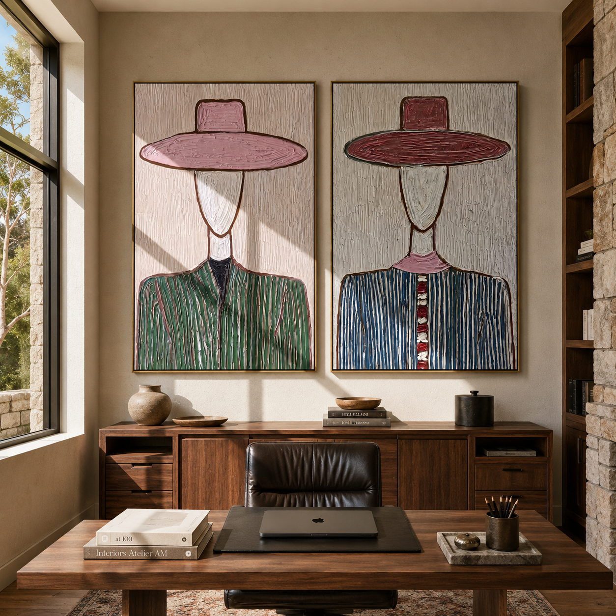 Pinstripe Brims Hide Faces Vintage Americana diptych in a collected room