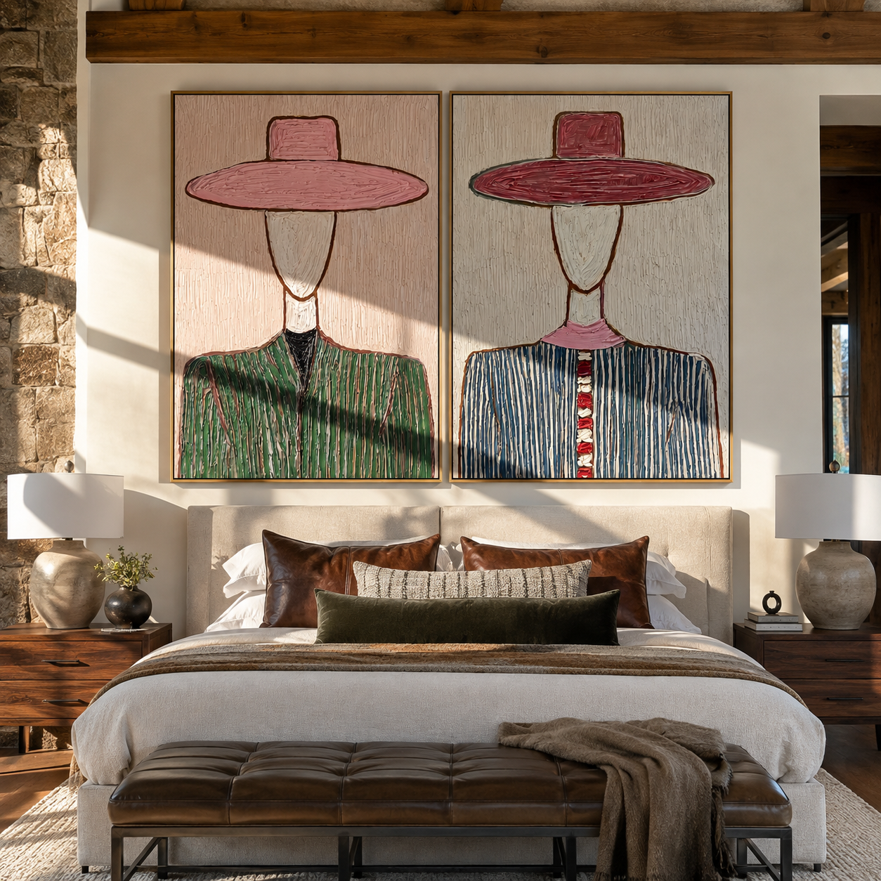 Pinstripe Brims Hide Faces two-panel Western artwork with layered color