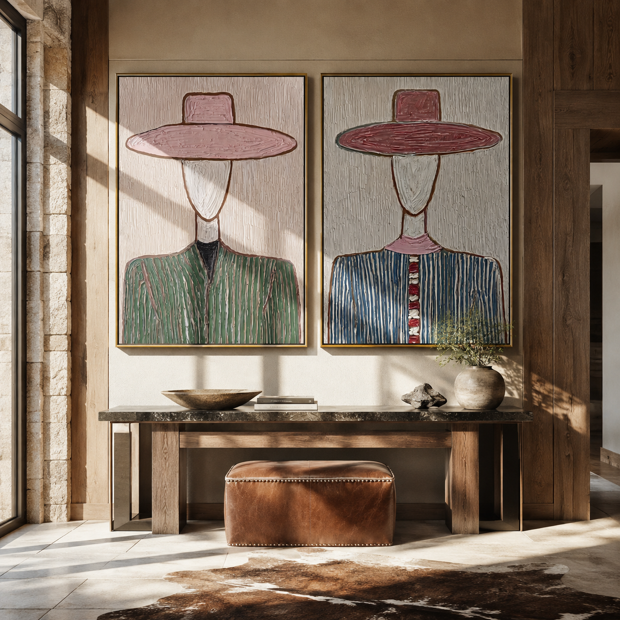 Pinstripe Brims Hide Faces diptych presented with natural materials and decor