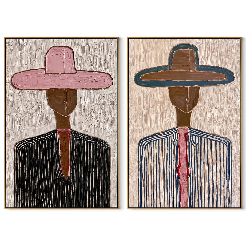 Blue Shirts Stand Tall – black Western Portrait Diptych Painting | Modern Vintage Americana Set of 2 Wall Art