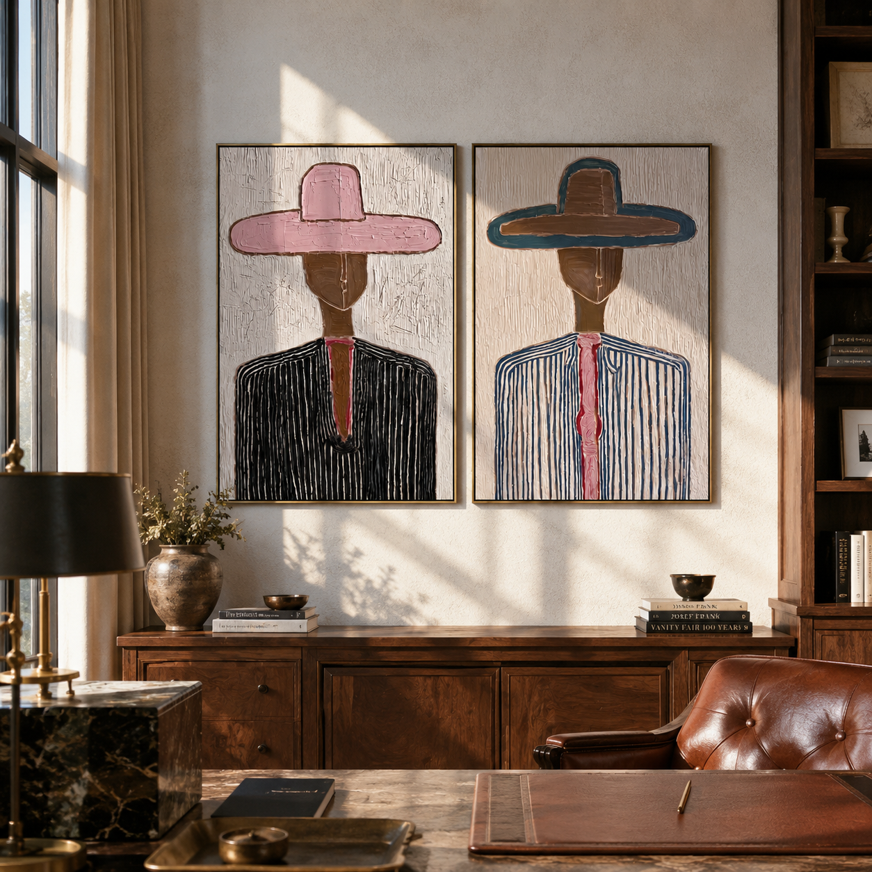 Blue Shirts Stand Tall Vintage Americana diptych in a collected room