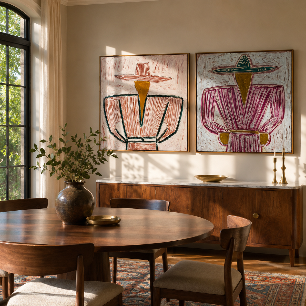 Mauve Cowboys Follow Lines Western diptych displayed in a contemporary interior
