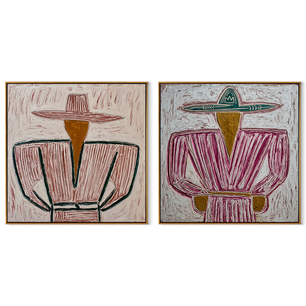 Mauve Cowboys Follow Lines – mauve Western Portrait Diptych Painting | Modern Vintage Americana Set of 2 Wall Art