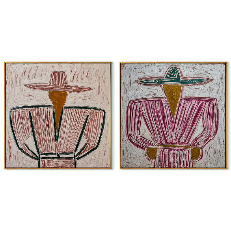 Mauve Cowboys Follow Lines – mauve Western Portrait Diptych Painting | Modern Vintage Americana Set of 2 Wall Art