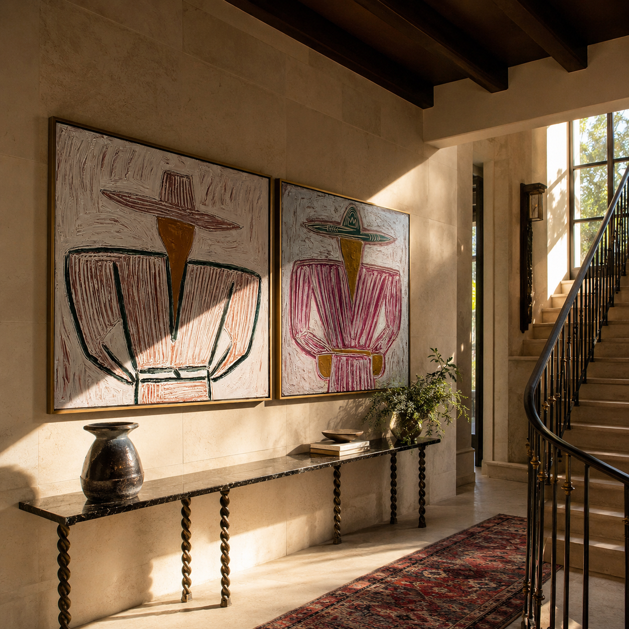 Mauve Cowboys Follow Lines Vintage Americana diptych in a collected room