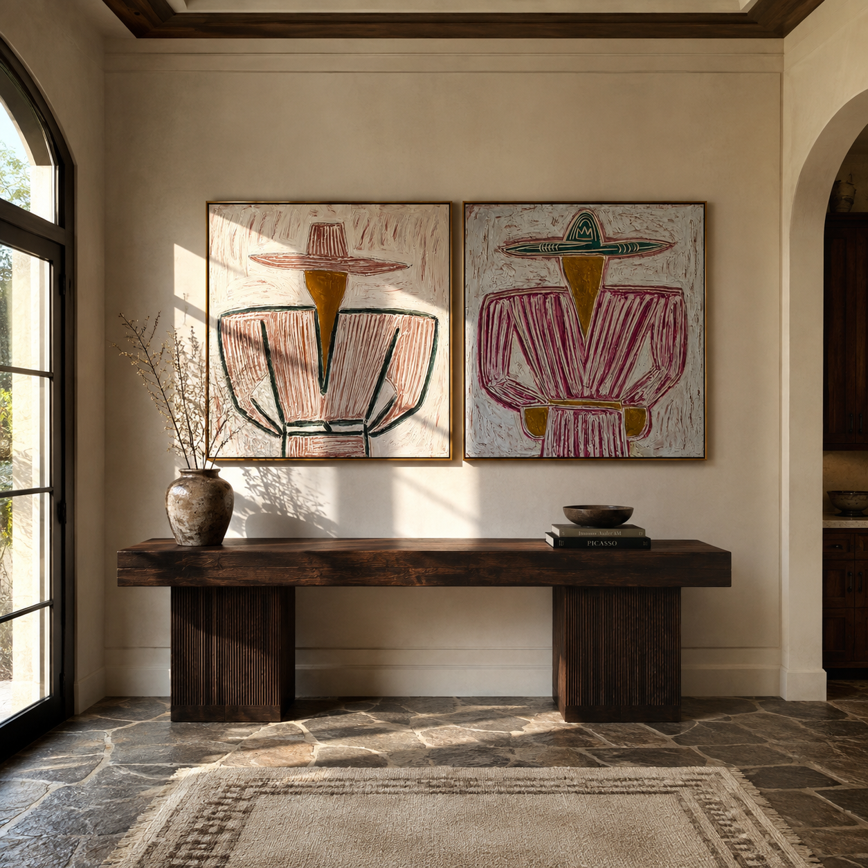 Mauve Cowboys Follow Lines diptych presented with natural materials and decor