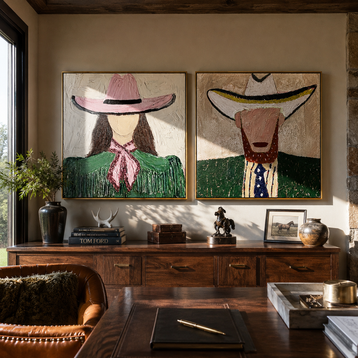 Green Brims Share Shade Western diptych displayed in a contemporary interior