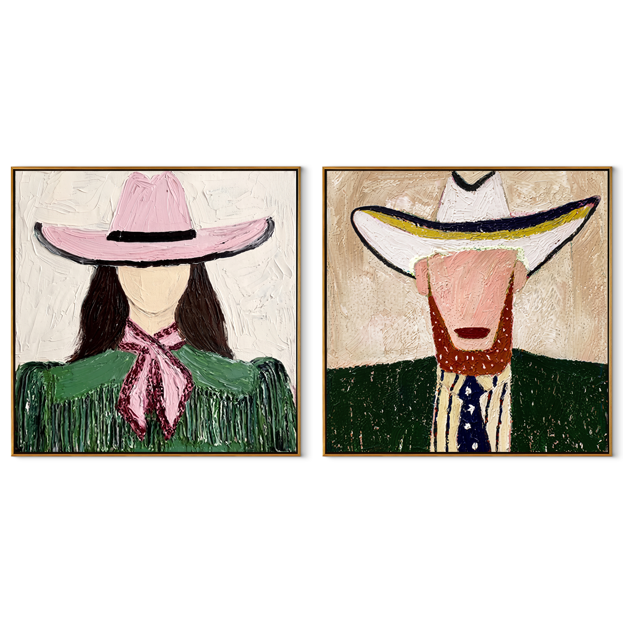 Green Brims Share Shade set of two square canvas artworks on white