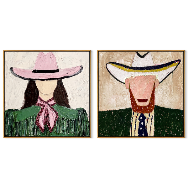 Green Brims Share Shade – green Western Portrait Diptych Painting | Modern Vintage Americana Set of 2 Wall Art