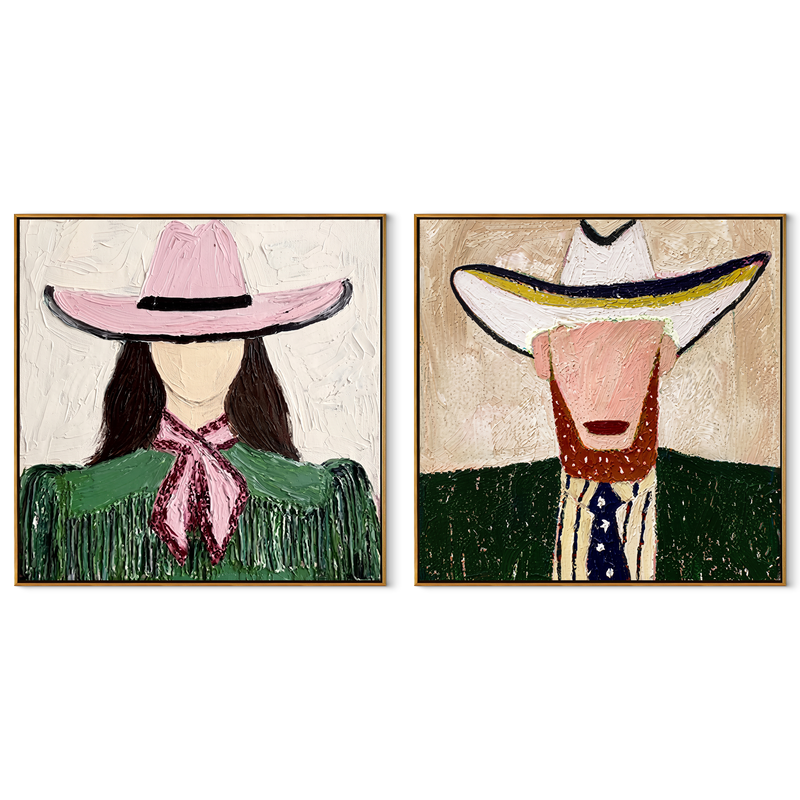 Green Brims Share Shade – green Western Portrait Diptych Painting | Modern Vintage Americana Set of 2 Wall Art