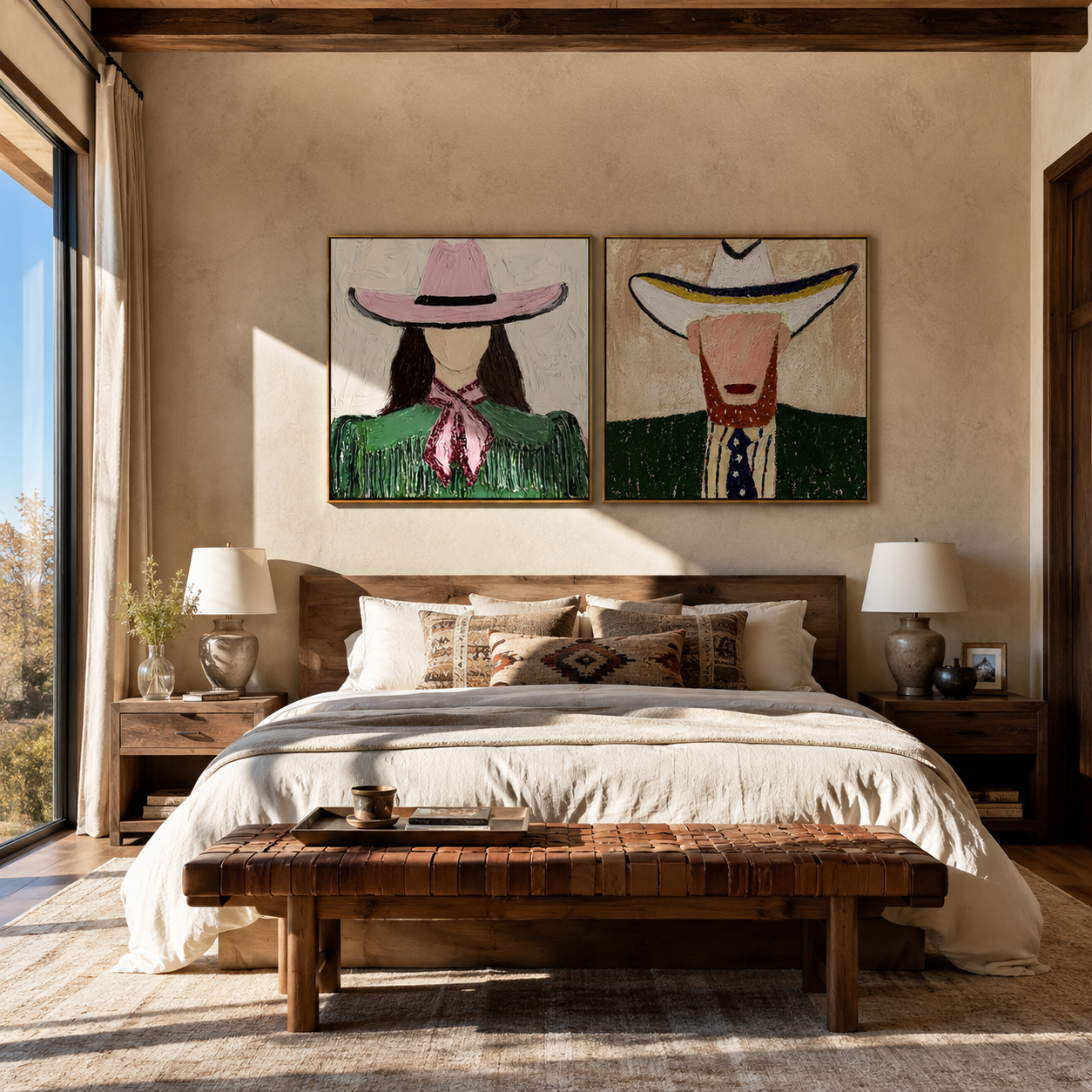 Green Brims Share Shade paired wall art styled above modern furniture