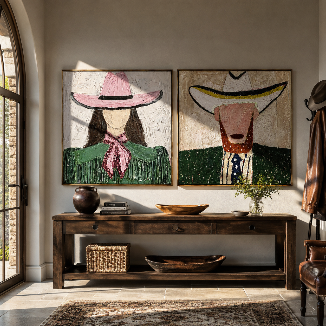 Green Brims Share Shade Vintage Americana diptych in a collected room