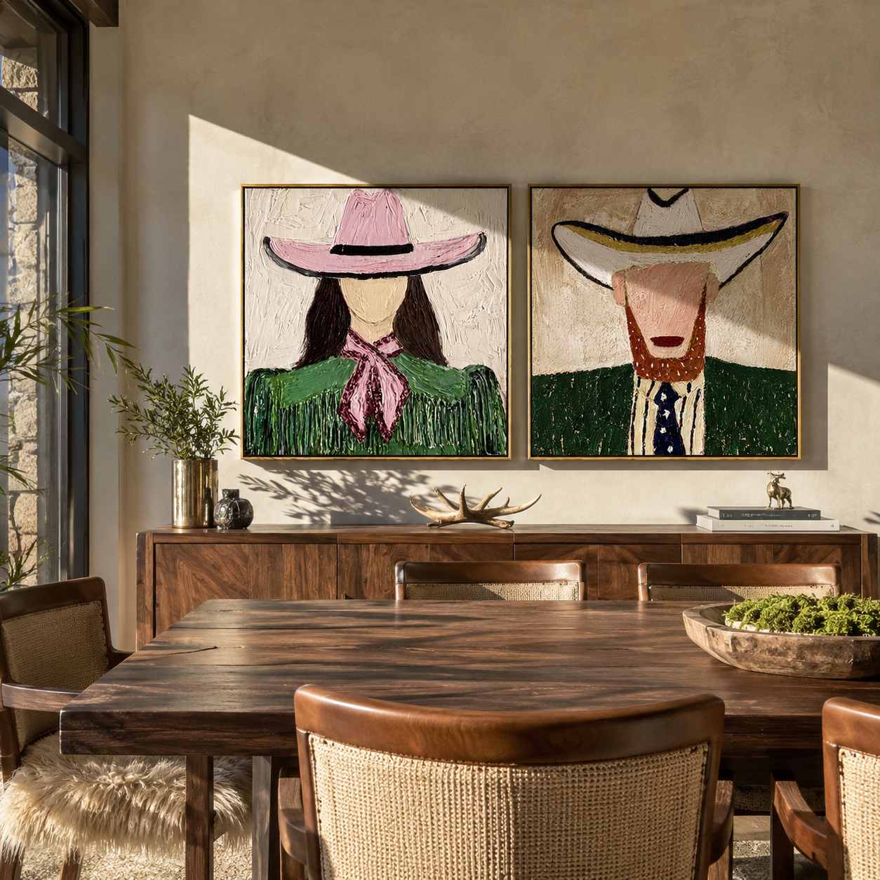 Green Brims Share Shade two-panel Western artwork with layered color