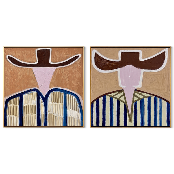 Blue Bands Cross Dust – blue Western Portrait Diptych Painting | Modern Vintage Americana Set of 2 Wall Art